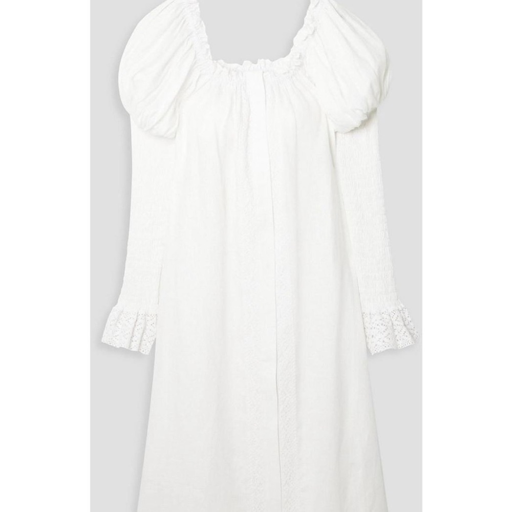 Sleeper Opera Shirred Crocheted Lace-Trimmed Linen Midi Dress